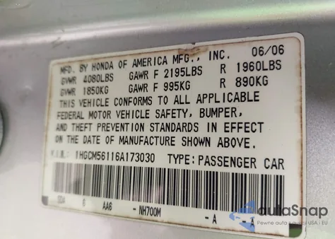 2006 Honda Accord 2.4 Vp из США, поврежденный, VIN 1HGCM56116A173030